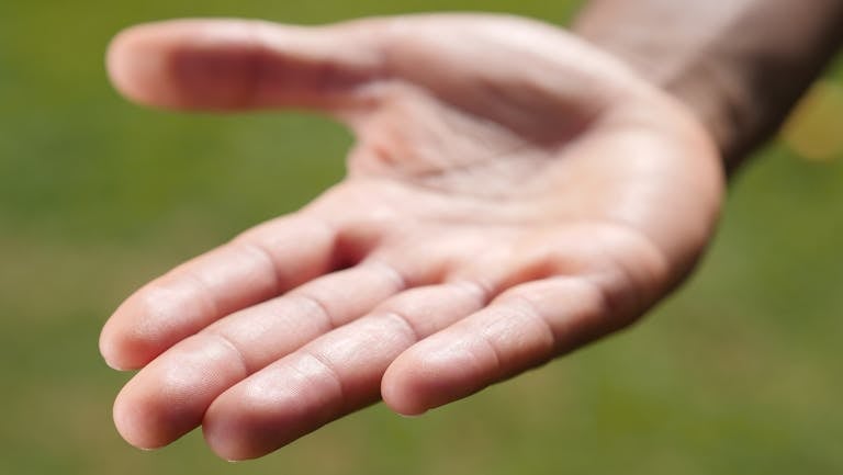 Detailed view of an open hand reaching out against a blurred natural background.